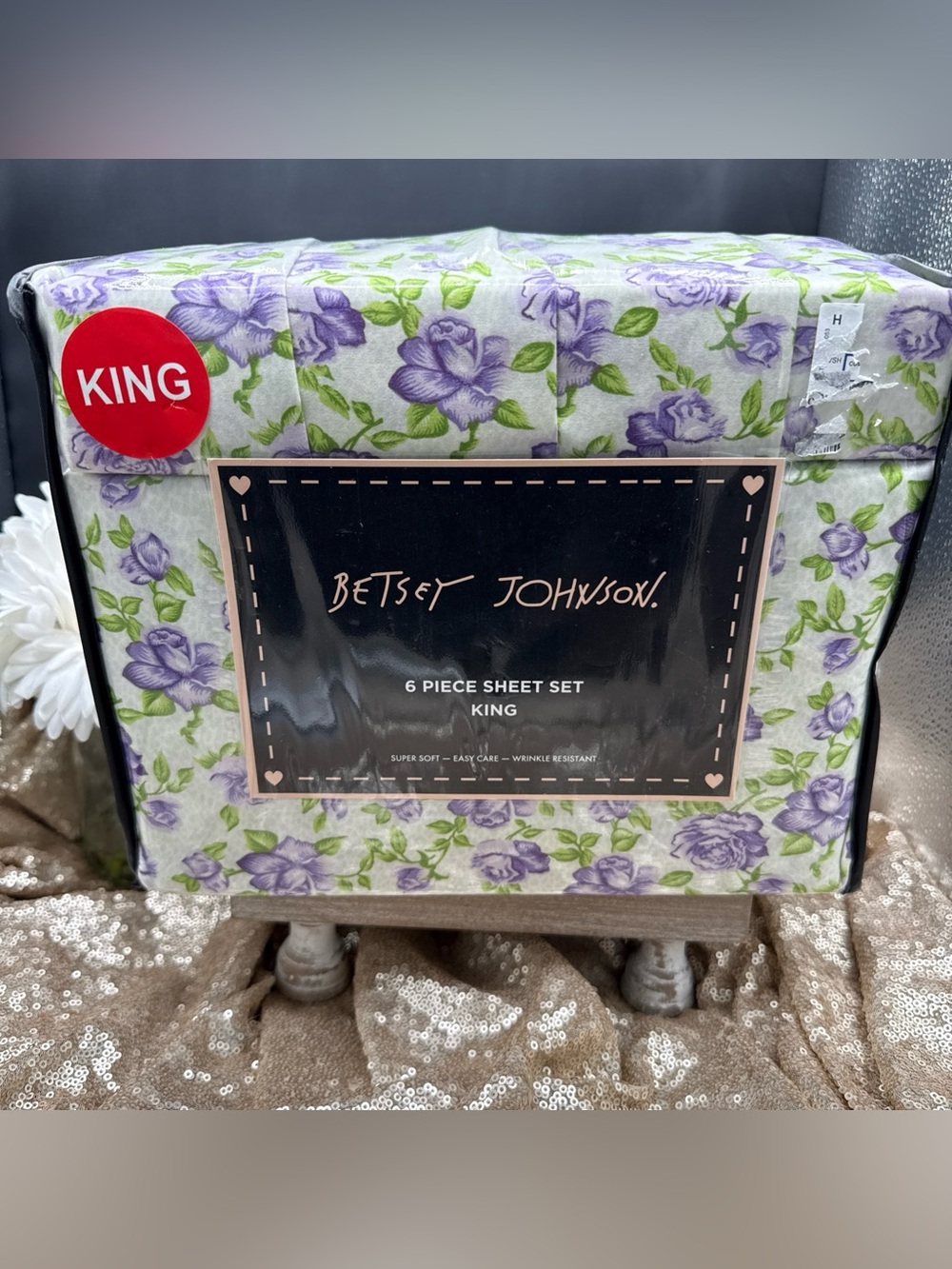 Betsey Johnson Purple and Green Floral King Sheet Set